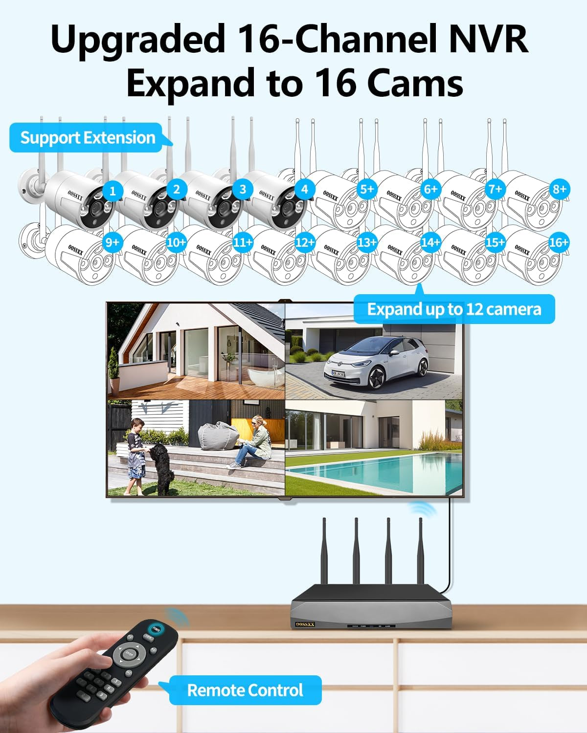Dual Antennas for Wi-Fi Enhanced AI Human Detected 2K 3.0MP Wireless Security Camera System, Surveillance DVR Kits with 2TB Hard Drive, 4Pcs Outdoor Wifi Security Cameras, with Audio, Night Vision